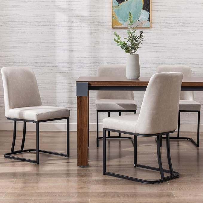 VESCASA Faux Leather Upholstered Dining Chairs with Back, Mid Century Modern Chairs with Black Metal Frame for Dining Room, Restaurant, Kitchen, Set of 6, Pebble Grey