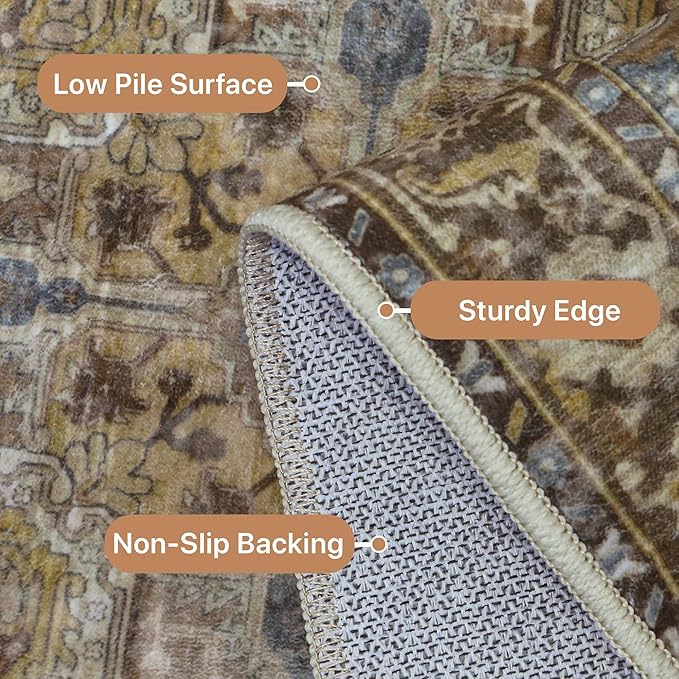 GENIMO 9x12 Area Rugs for Living Room, Machine Washable Non Slip Vintage Rugs, Low Pile Lightweight Chenille Print Rug for Bedroom, Dining Room, Home Office, Rustic Brown