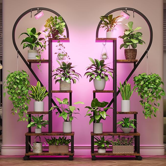 Bestier Plant Stand Indoor with Grow Lights, 6 Tiered Metal Plant Shelf for Indoor Plants Multiple, Half Heart Shape Plant Rack with Wheels, Large Brown Plant Holder for Home Patio Balcony (2 Pack)