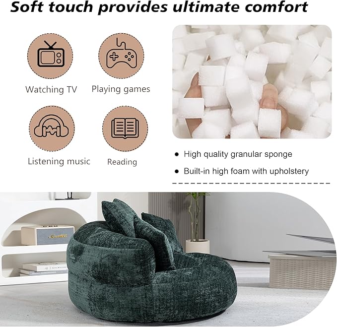 42'' Oversized Round Chair, Single Lounge Chaise Upholstered Sofa Bed with Deep Seat, Chenille Bean Bag Chiar with Pillows for Living Room, Bedroom, Apartment, Reading, No Assembly (Green)