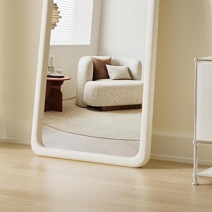 Full Length Mirror, Arched Wavy Floor Mirror with Stand, 63"x24" Wall Mirror Full Length, Freestanding Mirrors Hanging or Leaning, Large Body Mirrors with Flannel Frame for Bedroom (Ear White)
