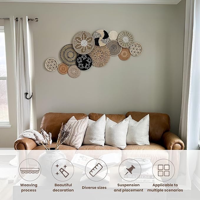 Chicvillage Boho Wall Basket Decor - 100% Natural Seagrass Wicker Wall Decor - Handmade Boho Wall Baskets & Woven Wall Decor Design from Vietnam