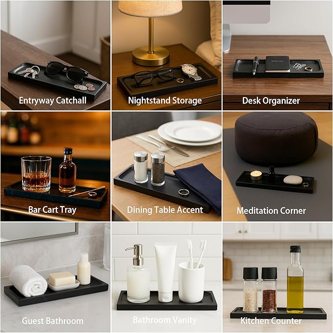 Black Marble Tray for Bathroom Countertop - Rectangular Vanity Organizer, Natural Stone Catchall Tray for Dresser, Entryway, Makeup, Jewelry | 10.6" x 3.5", Polished Finish