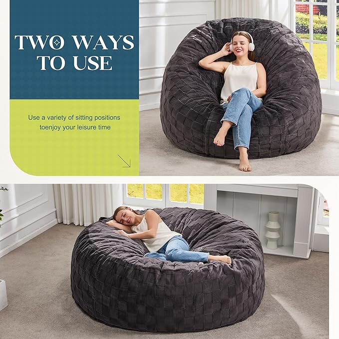 Hobestluk Bean Bag Chairs Beanbag Chair with Filler Adult Bean Bags with Fluffy Cover, Giant Bean Bag Chairs for Adults for Living Room, Bedroom (Dark Grey, 6FT - 70" x 70" x 15")