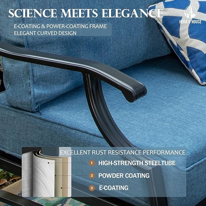 HERA'S HOUSE 6 Piece Patio Furniture Set, 2 x Swivel Chair, 2 x Fixed Chair, 1 x 3-Seat Sofa with Marbling Coffee Table, All Weather Outdoor Conversation Set for Lawn Garden Backyard, Navy Blue