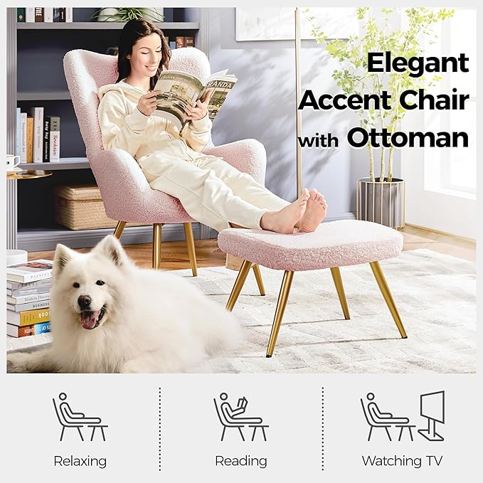 Yaheetech Accent Chair with Ottoman, Boucle Fabric Armchair Footstool, Modern and Cozy Vanity Chair with Golden Legs for Living Room, Lounge, Makeup Room, Bedroom, Pink