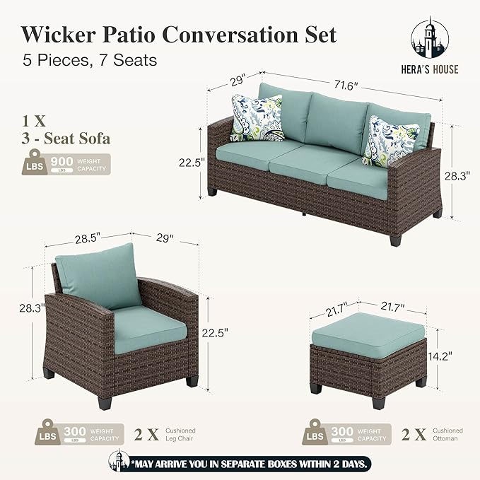 HERA'S HOUSE 5 Pieces Wicker Patio Furniture Outdoor Furniture Set, 7 Seats Patio Conversation Sofa Sets for Lawn Deck Backyard, Blue
