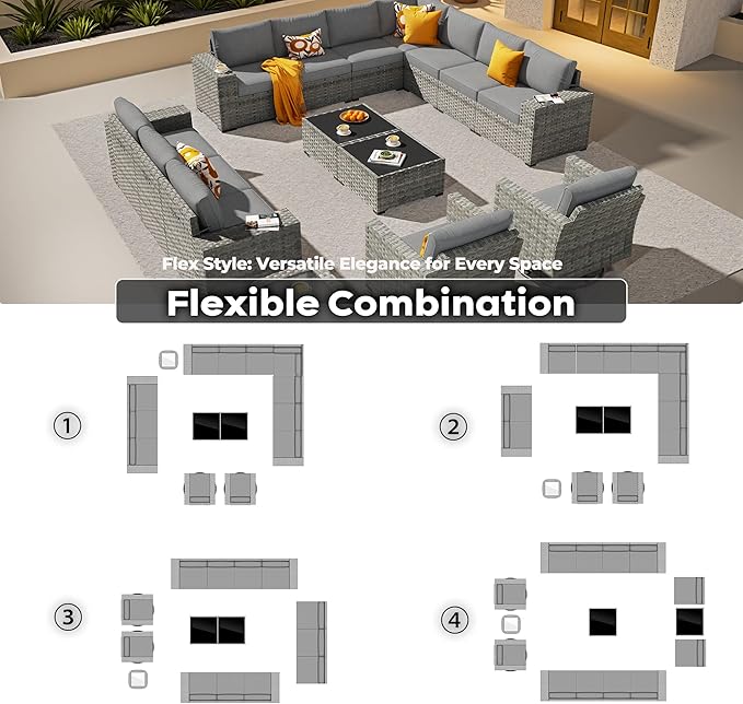 ovios 15 Pieces Patio Furniture Set, Outdoor Wicker Sectional Sofa with Swivel Chairs Coffee Table, Modern Modular Deep Seat Rattan Couch Conversation Sets, Dark Grey