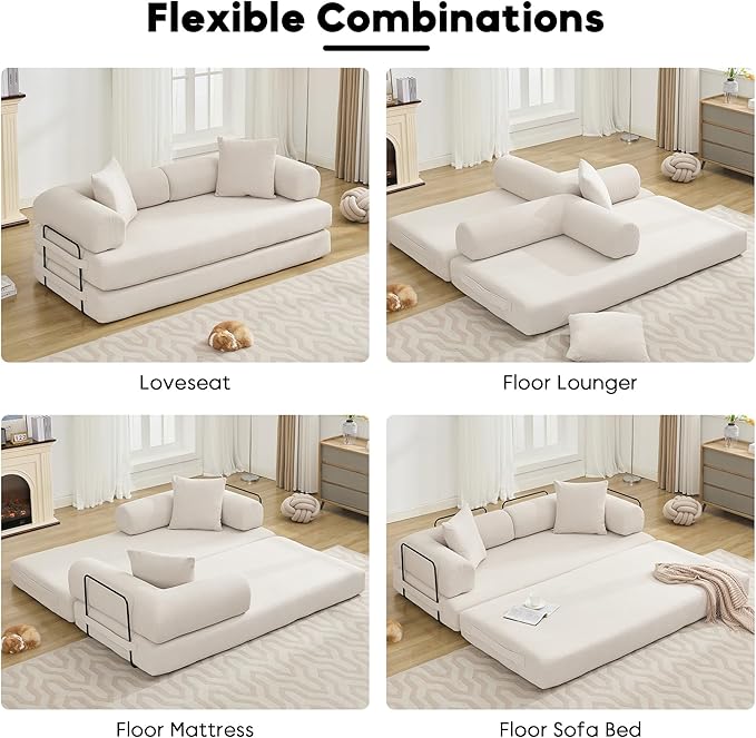 Convertible Sleeper Sofa Bed with Cylindrical Pillow, Corduroy Folding Mattress Couch with Fixed-Shape Frame, Floor Sofa Lounge Couch for Living Room Bedroom Lounge Studio, Beige