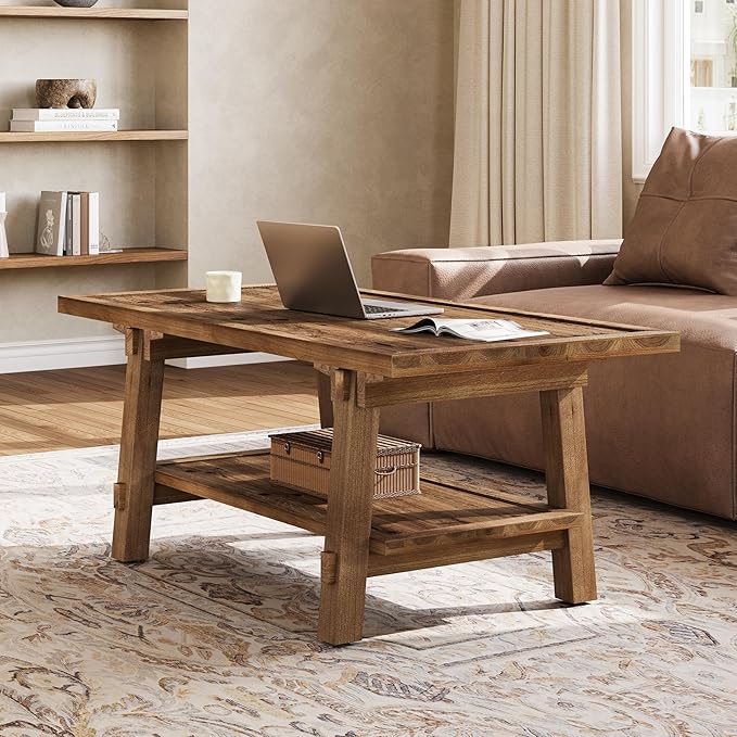 Solid Wood Coffee Table, 47-Inch Farmhouse Rectangle Coffee Table for Living Room, 2-Tier Rustic Wooden Center Furniture with Storage, Vintage Brown
