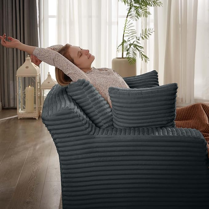 GNIXUU Oversized Chaise Lounge Chair Indoor, Comfy Fluffy Boneless Lounge Sofa Upholstered Sleeper Sofa Couch with Throw Pillows and Armrests, Corduroy Plush Chair Bed for Living Room, Gray
