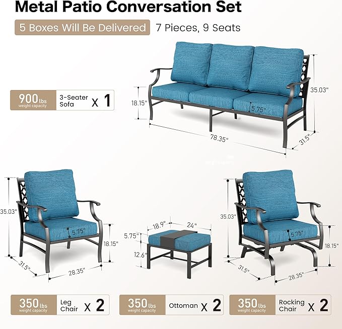 7 Piece Metal Outdoor Patio Furniture Sets, Patio Conversation Sets 3-seater Sofa, 2 Fixed Chair, 2 Rocking Chair, 2 Ottomans with 5.75" Thick Cushion, Black Backyard Furniture, Blue-2