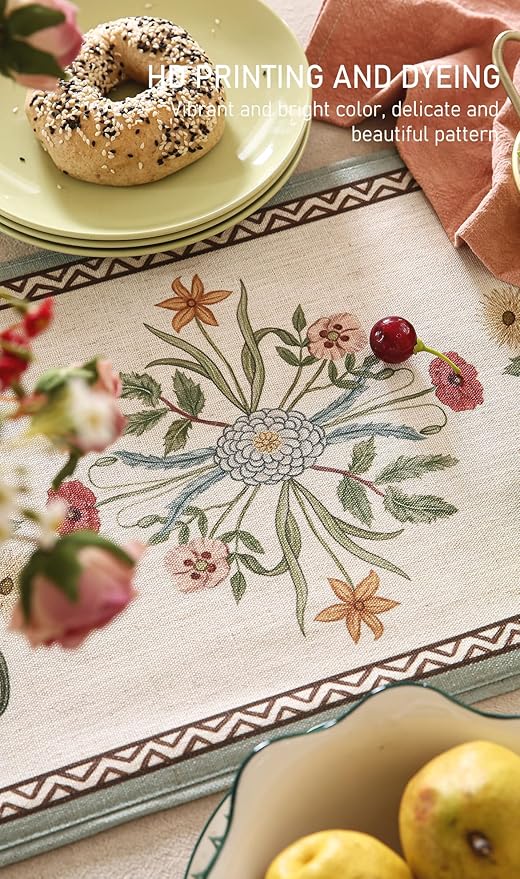 Designer French Country Linen Table Runner 87 Inches Long,Elegant Colorful Floral Pattern Table Runners for Dining Tables,Thanksgiving,Christmas,Kitchen Decor,12"*87"-Serenity F