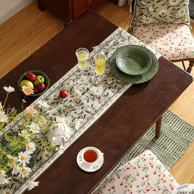 ISAENNE Designer Green Elegant Linen Table Runner 102 Inches Long,Flower and Leaves Pattern Wrinkle Resistant Table Runners for Dining Tables,Thanksgiving,Kitchen Tables,Christmas,12"*102"-Brune