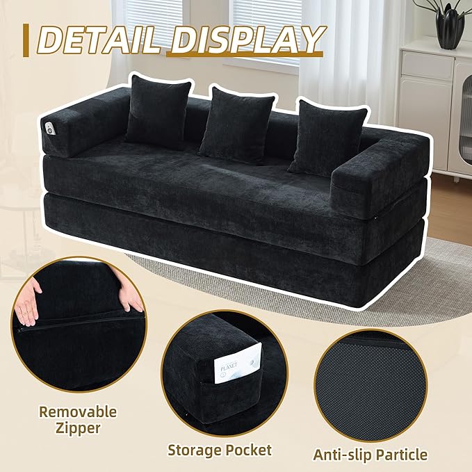 Convertible Floor Sofa Bed with Storage Pocket, Chenille Folding Mattress Sofa with Zipper Closure, Floor Lounge Couch for Living Room, Bedroom, Studio -Chenille Black