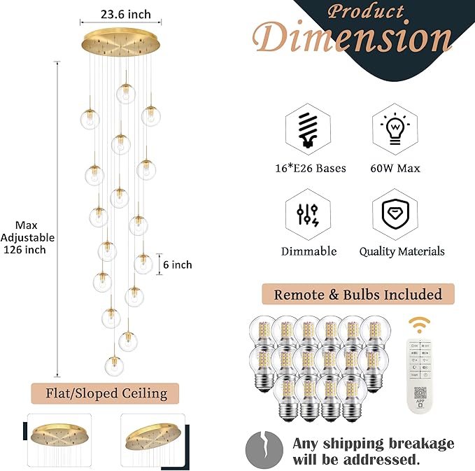 KoKo&Yukina 16-Light Gold Mid Century Modern Chandelier for Living Room Staircase Chandelier for Entryway Clear Globe Glass Chandelier High Ceiling Chandeliers Foyer Entryway (Bulb & Remote Incl.)