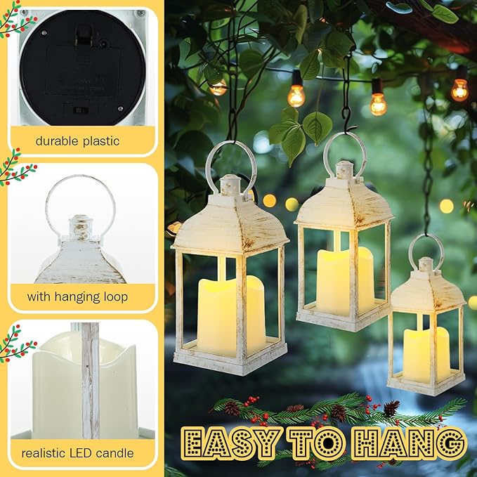 12 Set 10 Inch White Decorative Candle Lanterns Bulk Lanterns Centerpiece with LED Flameless Candle Indoor Outdoor Battery Powered Hanging Lights for Wedding Halloween Thanksgiving Christmas