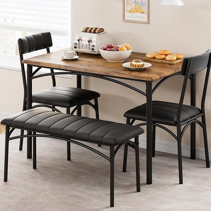 IDEALHOUSE Dining Table Set for 4, Kitchen Table with Chairs for 4, Rectangular Wood Dining Room Table Set with Upholstered Bench for Small Space, Dinner, Apartment, Retro Brown