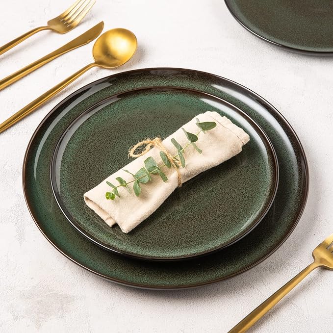 LeRatio Ceramic Dinnerware Sets,12-Piece Plates and Bowls,Handmade Reactive Glaze Dishes Set,Chip Resistant and Scratch Resistant | Oven Dishwasher & Microwave Safe,Service for 4-Green