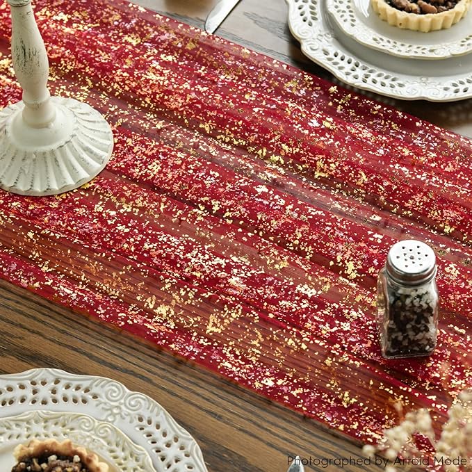 Artoid Mode 6PCS Red Gold Gauze Table Runner 120 Inch 10FT, Glitter Metallic Foil Sheer Dining Wedding Anniversary Holiday Table Decor for Home Party