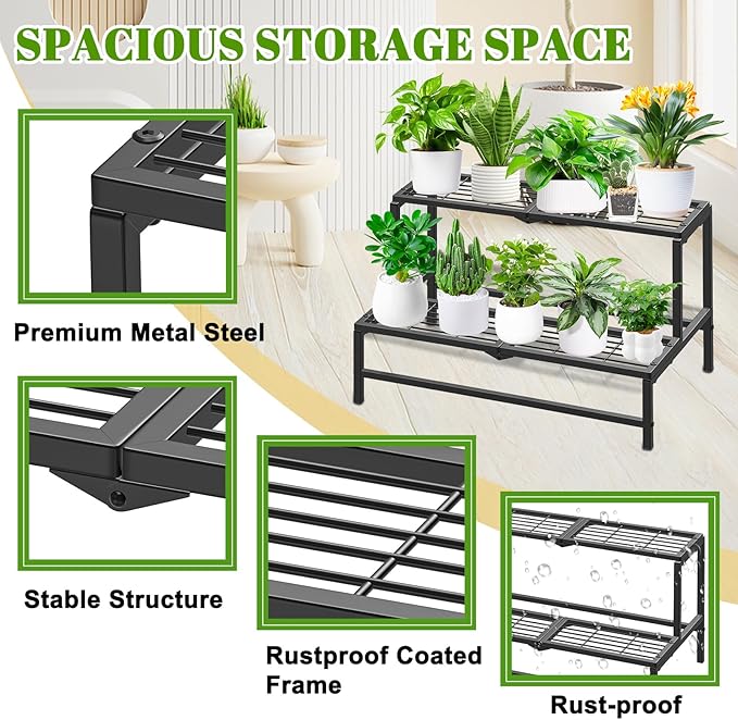 2 Tier Plant Stand Indoor Outdoor, Heavy Duty Metal Tall Plant Shelf for Multiple Flower Planter Holder, Ladder Pot Display Rack for Patio Garden Corner Balcony Living Room (Black)
