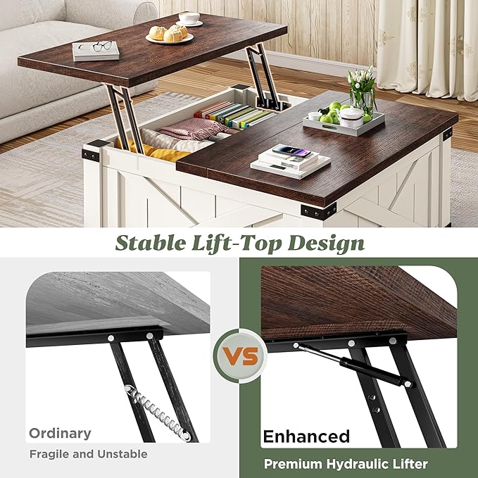 EnHomee Lift Top Coffee Table with Storage, 36" Farmhouse Coffee Tables for Living Room, Square Coffee Table with Large Hidden Space, for Living Room, Bedroom, Home Office, White