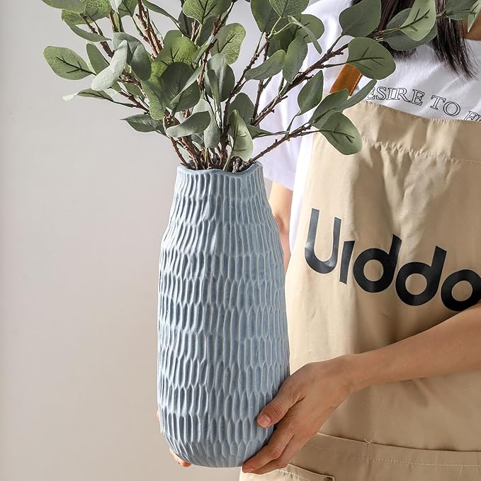 12.6 Inch Mat Blue Modern Handmade Ceramic Vase, Rustic Farmhouse Decorative Flower Vases for Home Decor,Pampas Grass Bouquet, Living Room,Kitchen,Office,Bedroom,Centerpiece Table Decorations