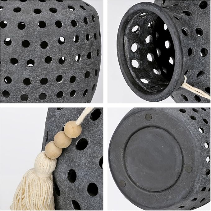 Ceramic Flower Vase Home Decor - 10 Inch Rustic Hollow Black Pottery Vase Modern Farmhouse Vintage for Centerpieces House Living Room Dining Table Shelf Mantel Decoration