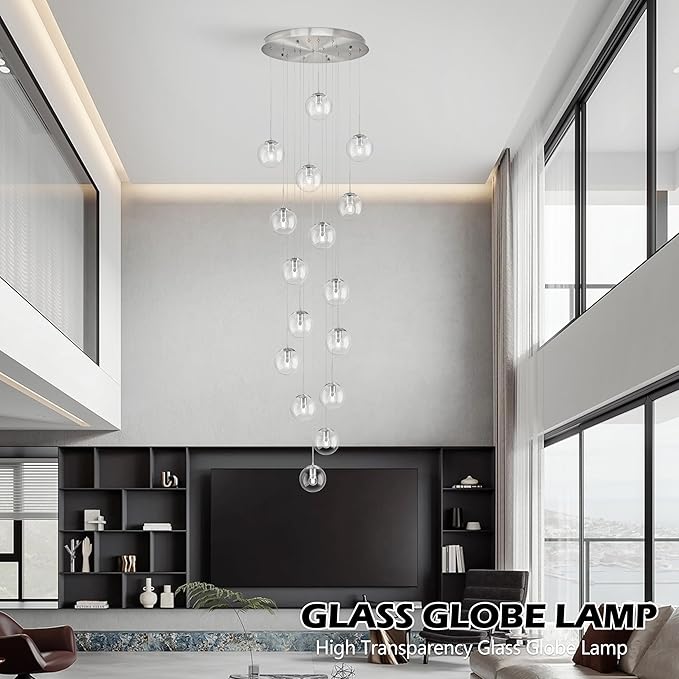 KoKo&Yukina 16-Light Nickel Mid Century Modern Chandelier for Living Room Staircase Chandelier for Entryway Clear Globe Glass Chandelier High Ceiling Chandeliers Foyer Entryway (Bulb & Remote Incl.)