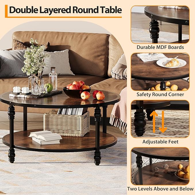 Round Coffee Table, Living Room Center Table with Storage Shelf, Rustic Wood Circle Coffee Table with Sturdy Metal Legs, 2-Tier Vintage Furniture for Living Room, Easy Assembly Accent Cocktail Table