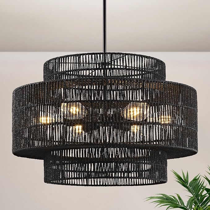 24” Black Boho Large Rattan Chandelier Light Fixture,6-Light Large Hand Woven Pendant Light Fixture Farmhouse Rustic Chandeliers for Kitchen Bedroom, Dining Room, Living Room, Hallway, Foyer