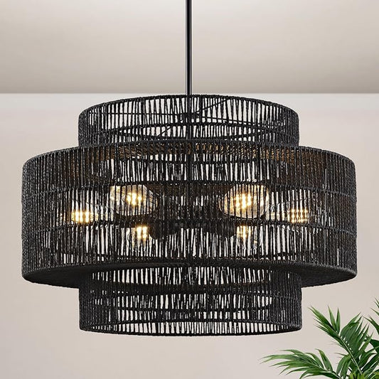 24” Black Boho Large Rattan Chandelier Light Fixture,6-Light Large Hand Woven Pendant Light Fixture Farmhouse Rustic Chandeliers for Kitchen Bedroom, Dining Room, Living Room, Hallway, Foyer