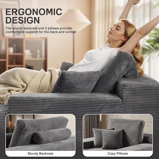 Chaise Lounge Chair Indoor, 67" Oversized Comfy Corduroy Sleeper Sofa Bed, Boneless Upholstered Recliner Bed with Pillows and Wide Armrests, Modern Cloud Couch for Living Room, Grey