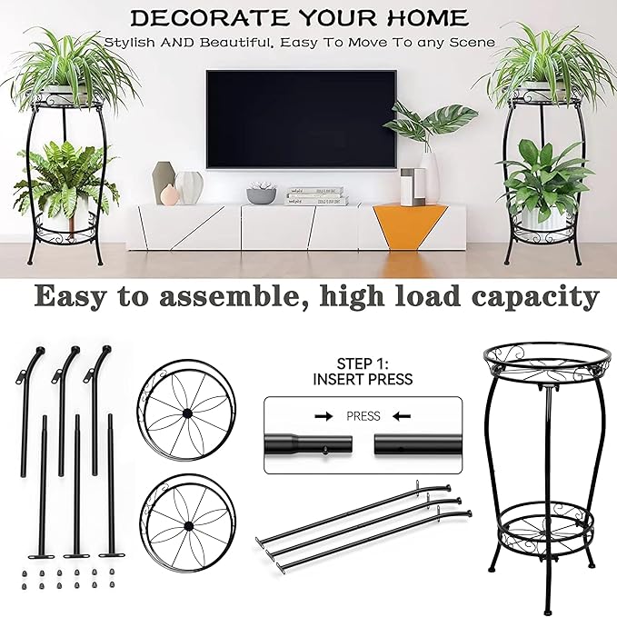 Plant Stand Indoor Outdoor 2 Tier 26.77" Tall Metal Potted Holder Rack Flower Pot Stand Heavy Duty Plant Shelf Rustproof Iron Multiple Plant Round Supports Rack Garden Balcony Patio Plants