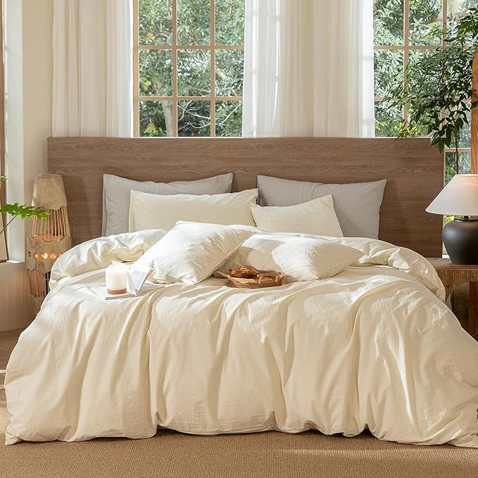 MooMee Wavy Striped Duvet Cover Set 100% Washed Cotton Linen Like Textured Breathable Durable Soft Comfy (Cream White, Cal King 104"x98")
