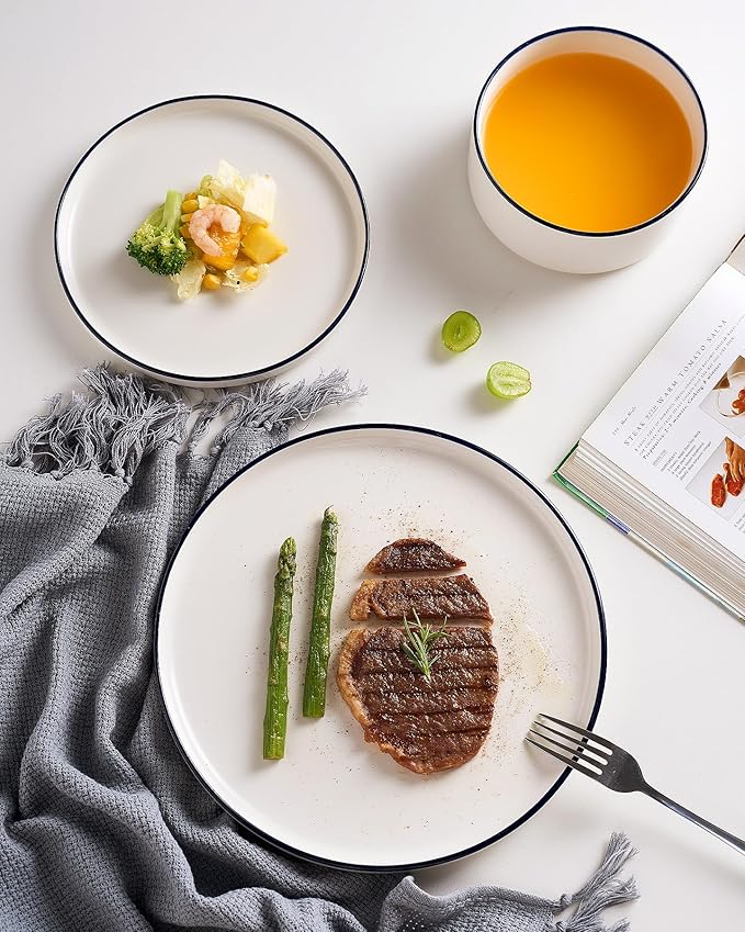 Famiware Porcelain Dinnerware Set, 12-Piece Modern Plate and Bowl Set, Dish Set for 4, Microwave and Dishwasher Safe Tableware, White with Blue Trim