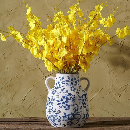Blue and White Vintage Round Flower Vase with 2 Handles, Chinoiserie Floral Vase, Retro Ice Cracked Ceramic Large Vases for Home Decor, Living Room, Grand Millennial Chinoiserie Decor, 7.7 Inch