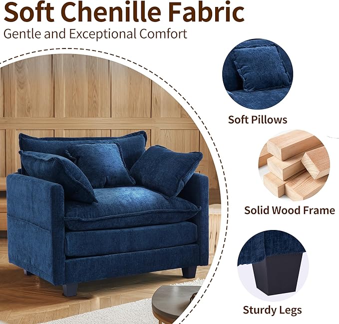 SweetGO corporation 40" Chenille Lounge Chair for Reading, Modern Couch Cozy Sofa Bed, Upholstered Living Room Single Sofa Accent Chair with Ottoman Set of 2, Blue