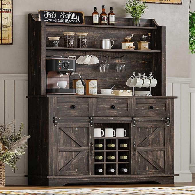 63 Inch Tall Coffee Bar Cabinet with 3-Tier Storage, Kitchen Hutch with 3 Drawers, Farmhouse Coffee Bar with 9 Racks & 3 Glass Holders, Wine Bar Cabinet for Living Dining Room, Oak