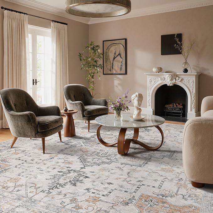 GENIMO 9x12 Area Rugs for Living Room, Non Slip Machine Washable Vintage Rugs, Low Pile Lightweight Chenille Print Large Rug for Bedroom, Dining Room, Home Office, Light Taupe Brown
