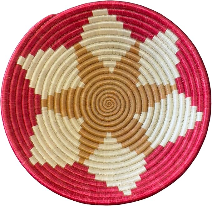 Handwoven African Basket Handmade sisal Fruit Bowl Wall Hanging decorative Baskets for Home Living Room Kitchen Centerpiece Zen Designs Arts and Crafts (Red White Tan, 12in diameter)