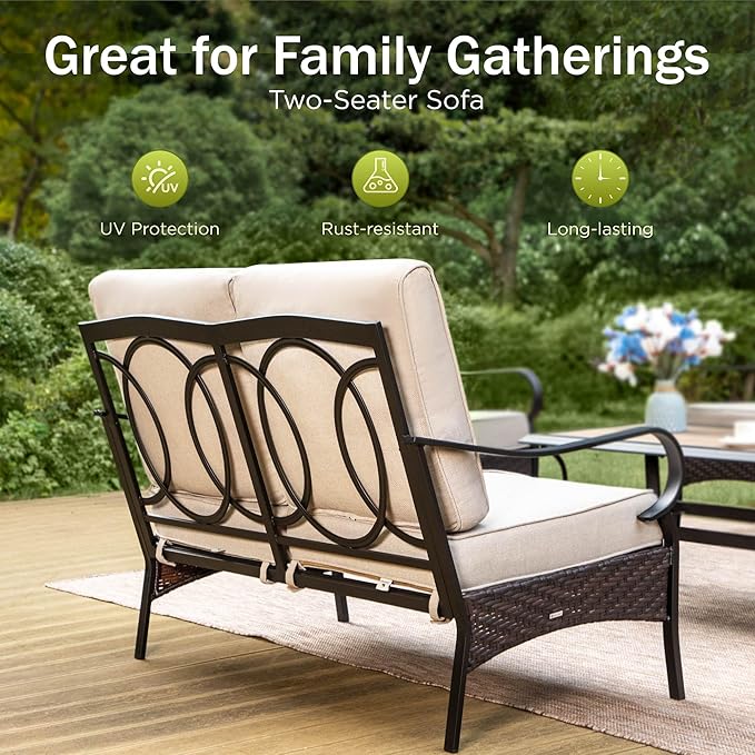 PHI VILLA Outdoor Porch Furniture Set, Upgraded Wicker&Metal Deep Seating Patio Furniture Conversation Set with Waterproof Thick Cushions for Balcony, Deck, and Yard (4 Pieces,Beige)