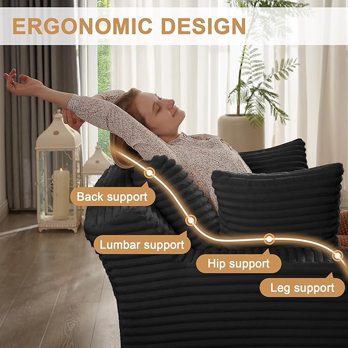 Boneless Couch Sofa Chiar Chaise Lounge Chair Indoor Upholstered Corduroy Couch Cloud Sleeper Sofa Oversized Reading Chair for Living Room No Assembly Required (Black, 50" W x 80" D)