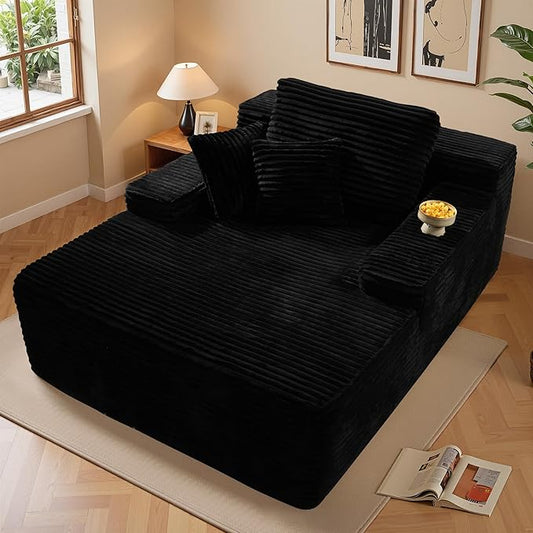 Chaise Lounge Chair Indoor, Oversized Sleeping Couch 67" L * 48.5" W Assembly Free Modern Minimalist Sofa, Extra Deep Large Single Seat Sofa for Living Room (Black Plush Fabric)