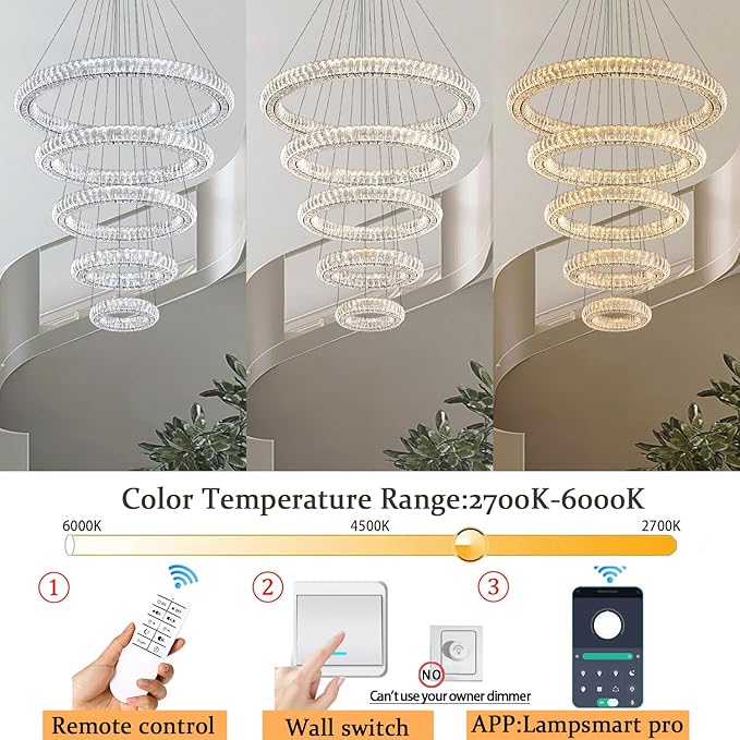 Modern Crystal Chandelier Lighting, Black 5 Ring Chandeliers LED Ceiling Lights Fixtures High Ceiling Chandeliers for Staircase, D8''+15.7"+23.6"+31.5"+39.4"