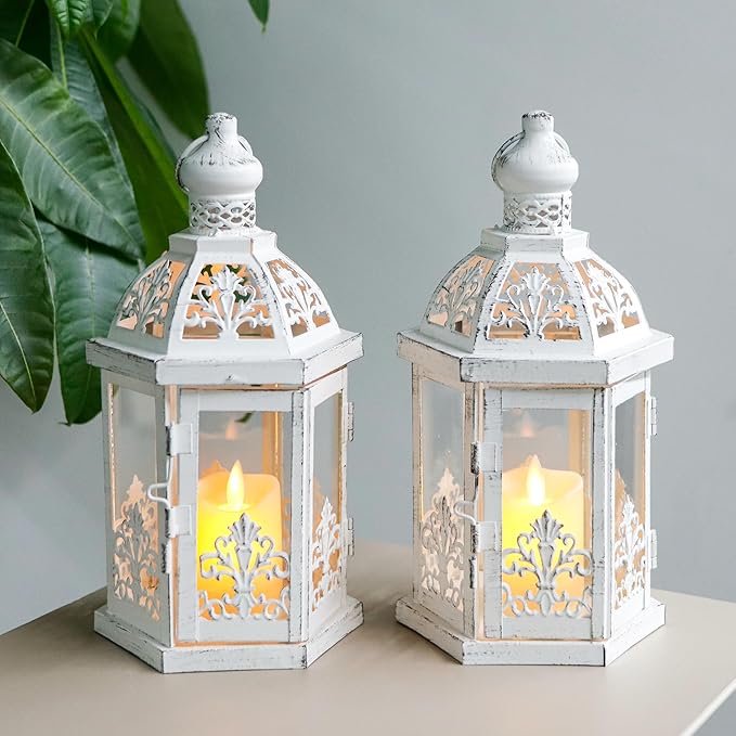 TRIROCKS Set of 2 Vintage Decorative Lanterns 9.5" H Hanging Lantern Metal Candleholder with Tempered Glass for Indoor Outdoor Home Decor Parties Garden Events Wedding(White with Grey Brush)