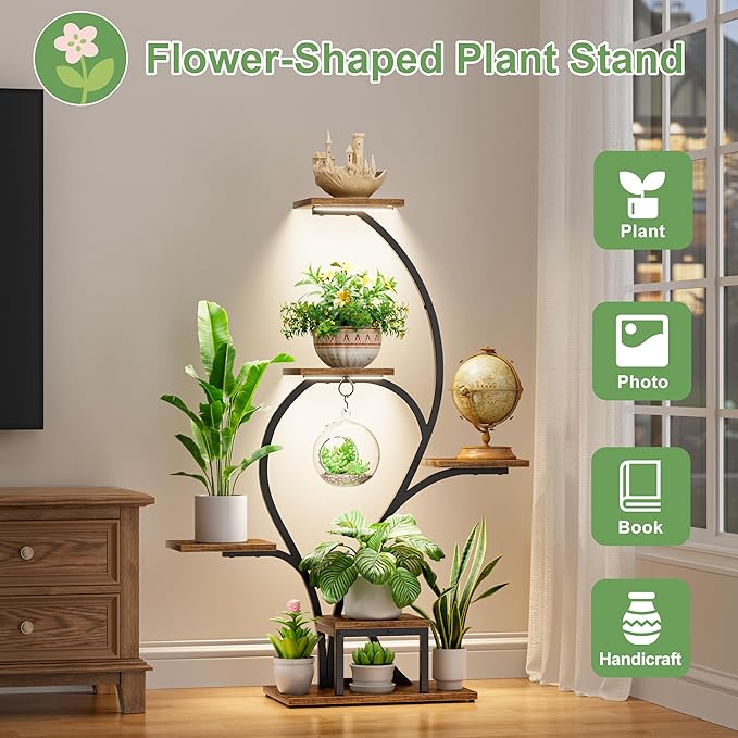Plant Stand Indoor with Grow Lights - 6 Tiered Plant Shelf Indoor, 49" Tall Corner Plant Stands for Indoor Plants, Lighted Flower-Shaped Holder Stand, Display Rack for Living Room, Patio（Black)