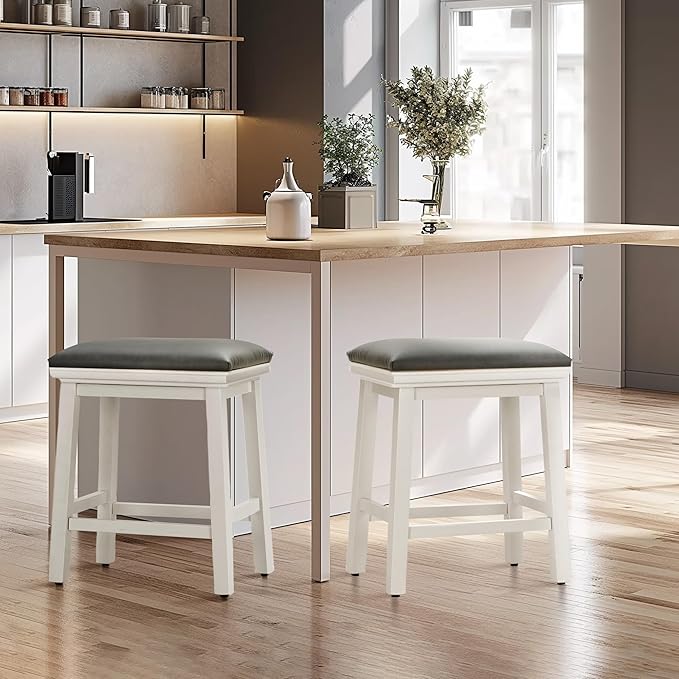 MAISON ARTS Counter Height 24 inch Bar Stools Set of 4 for Kitchen Counter Solid Wood Legs with Faux Leather Padded Seat Farmhouse Barstools for 34"-38" Counter Island Upholstered Stools, Black+White