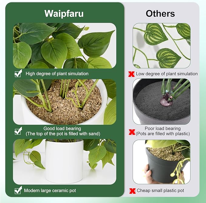 Waipfaru Faux Plants Indoor with Ceramic Pots, Realistic Small Fake Plants, Fake Plants with Pothos, Fake Potted Plants, Artificial Plant for Home Shelf Bathroom Kitchen Office Indoor Outdoor Decor