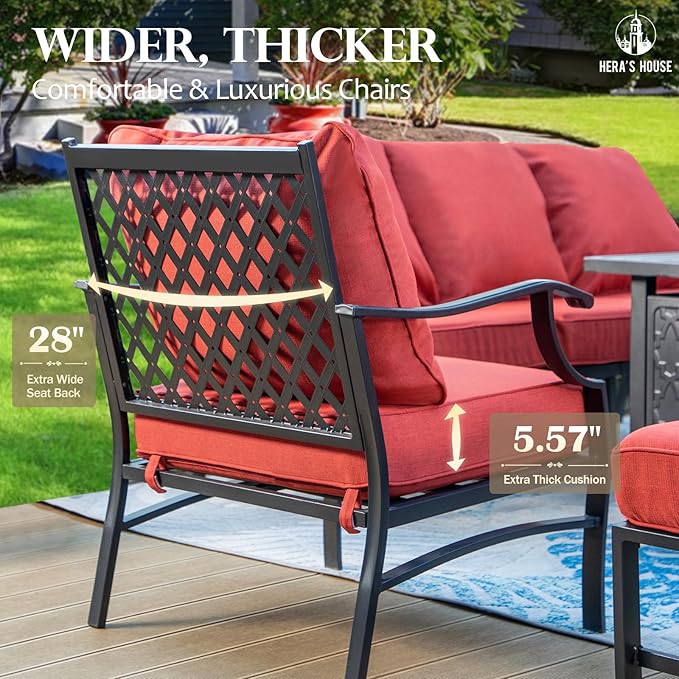 HERA'S HOUSE 4 Piece Patio Furniture Set, 2 x Metal Frame Cushioned Chair, 3-Seat Sofa with Marbling Coffee Table, All Weahter Outdoor Conversation Set for Lawn Garden Backyard, Red